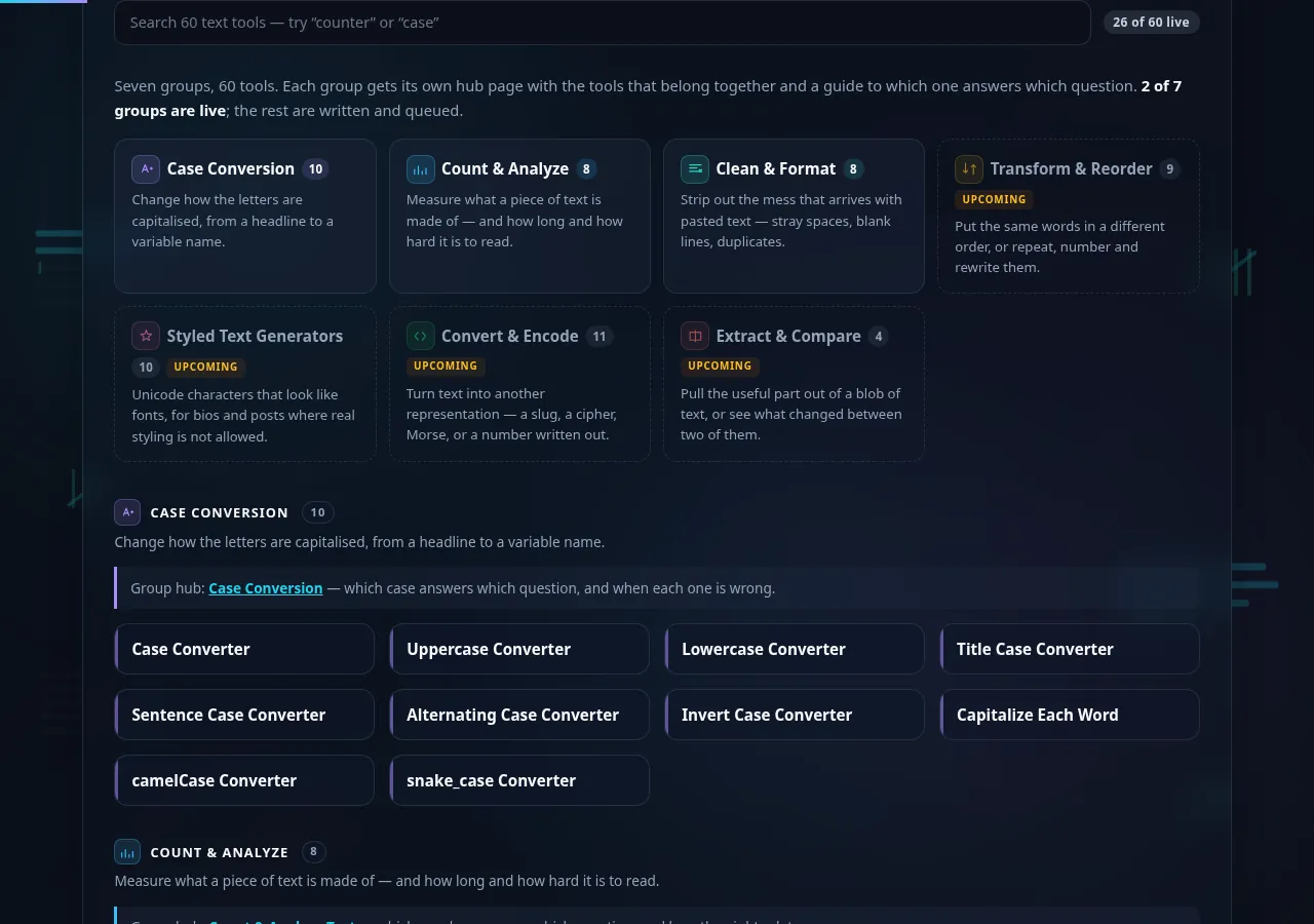 Grid of text tools grouped by category.