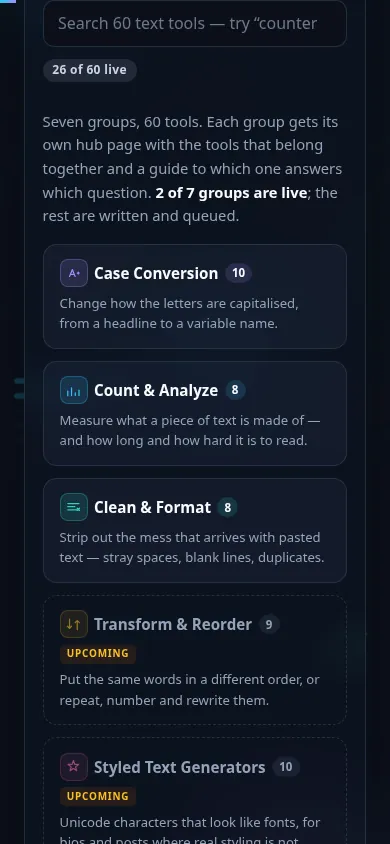 Text tools hub on a phone, no app installed.