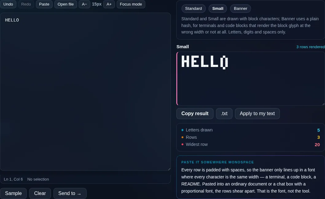Text turned into an ASCII-art banner with a figlet font.