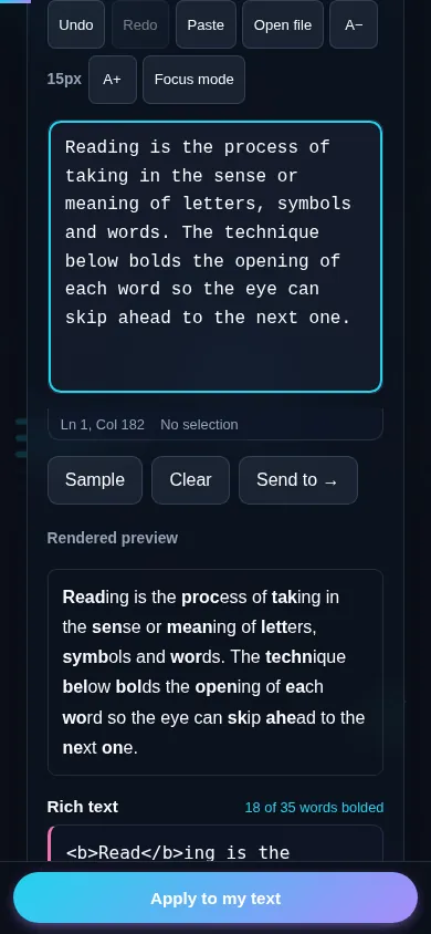 Converting text for bionic reading on a phone, no app installed.