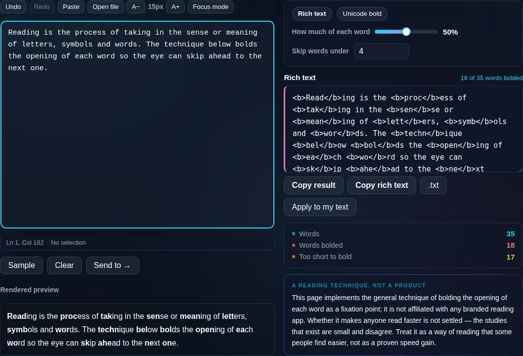 Bionic Reading Converter bolding word starts in the browser.