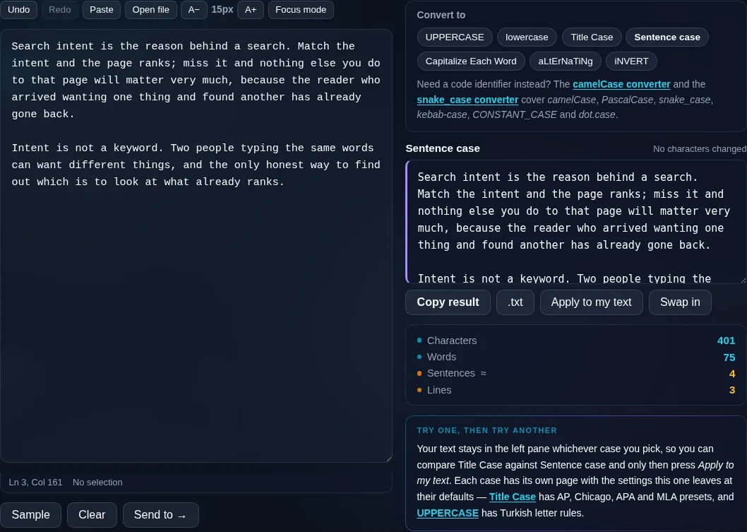 Case Converter changing text case in the browser.