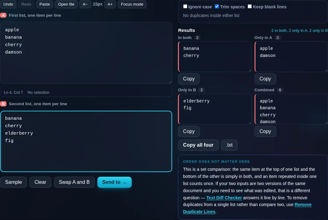 Compare Two Lists finding common and unique items in the browser.