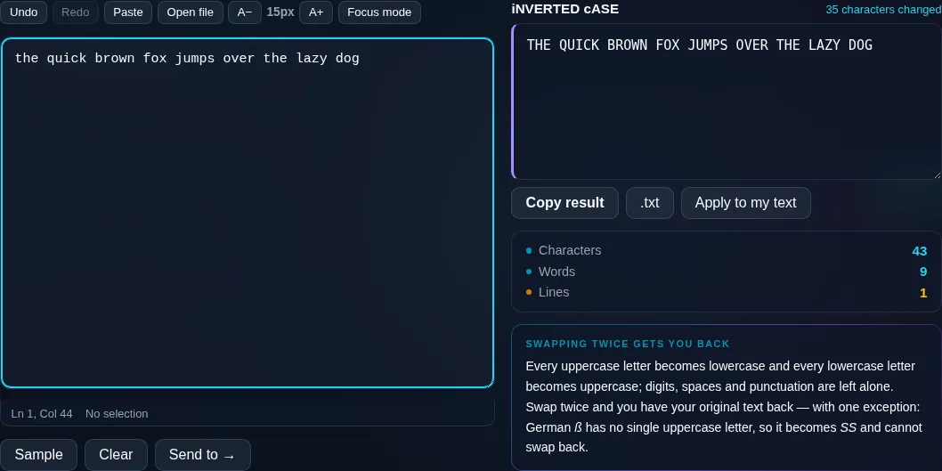 Invert Case Converter swapping text case in the browser.