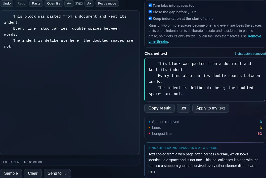 Text with extra spaces collapsed and whitespace trimmed.