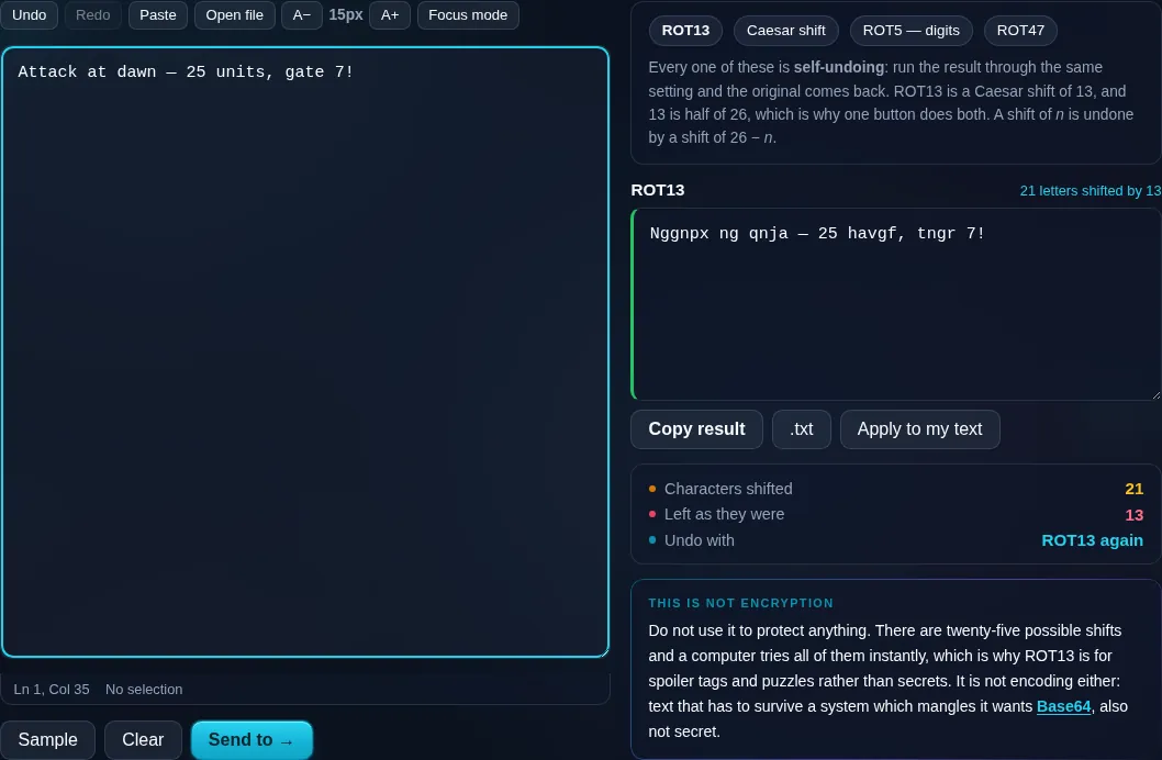 ROT13 and Caesar Cipher encoding text in the browser.
