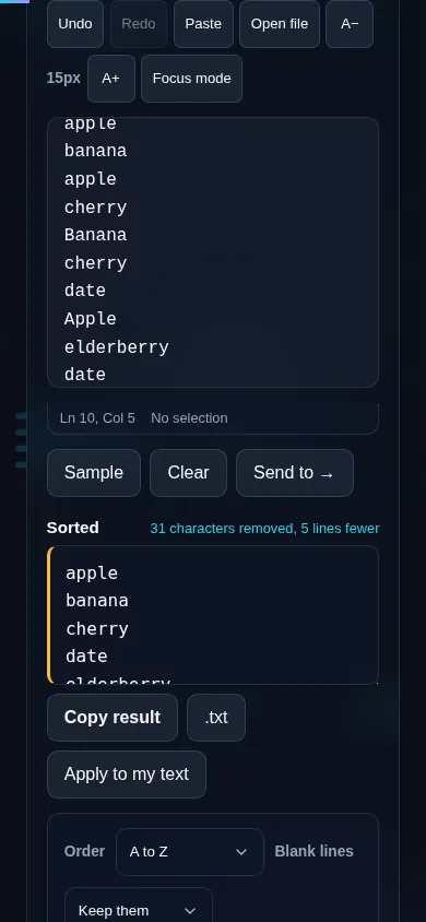 Sorting text lines on a phone, no app installed.