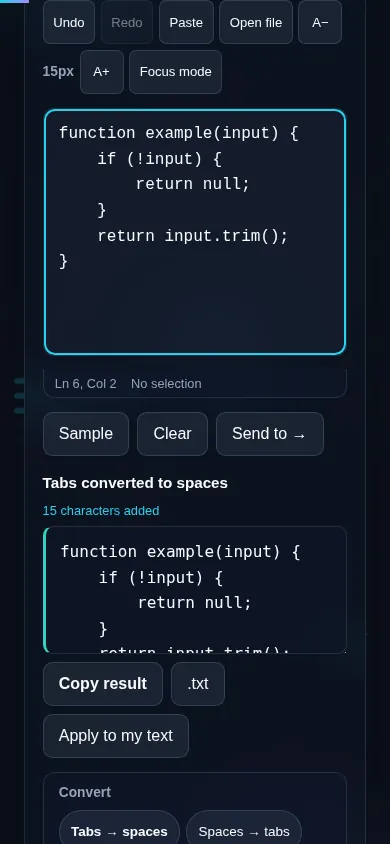 Converting tabs to spaces on a phone, no app installed.