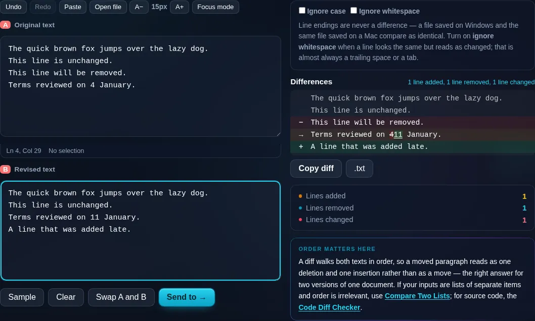 Text Diff Checker comparing two texts in the browser.