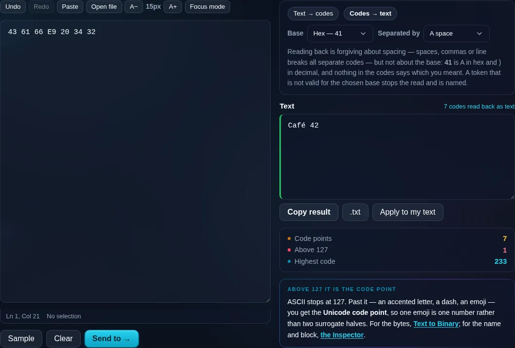 Hex character codes read back into the text they came from.