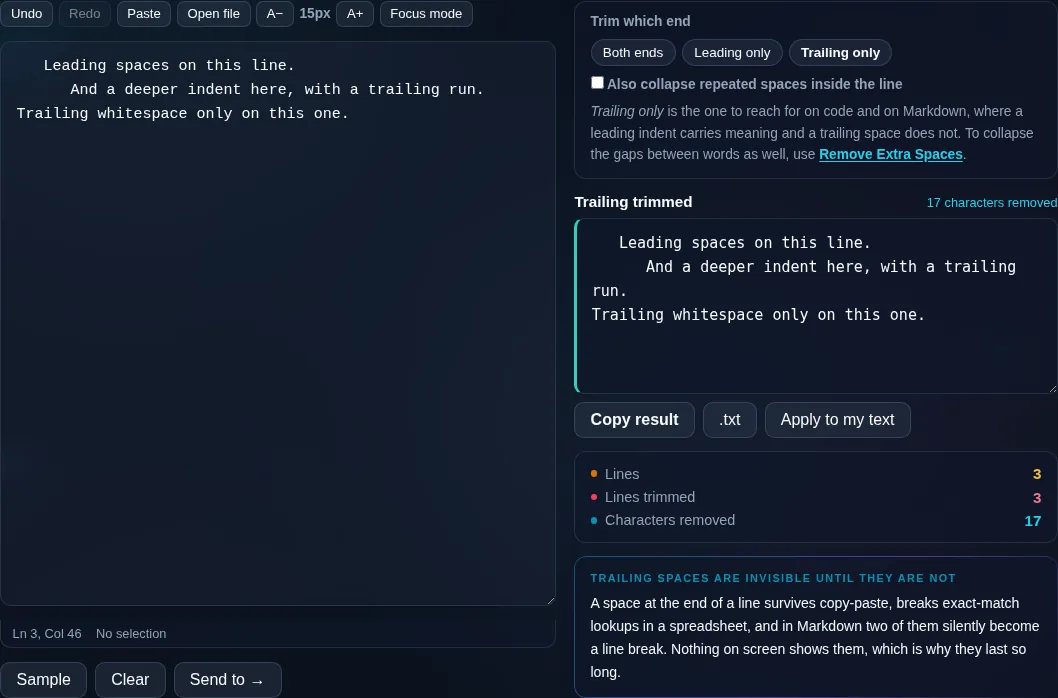 Trim Each Line removing line whitespace in the browser.