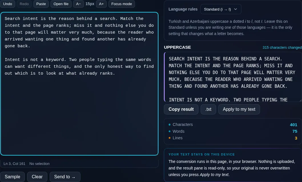 Text converted to UPPERCASE with copy and download.