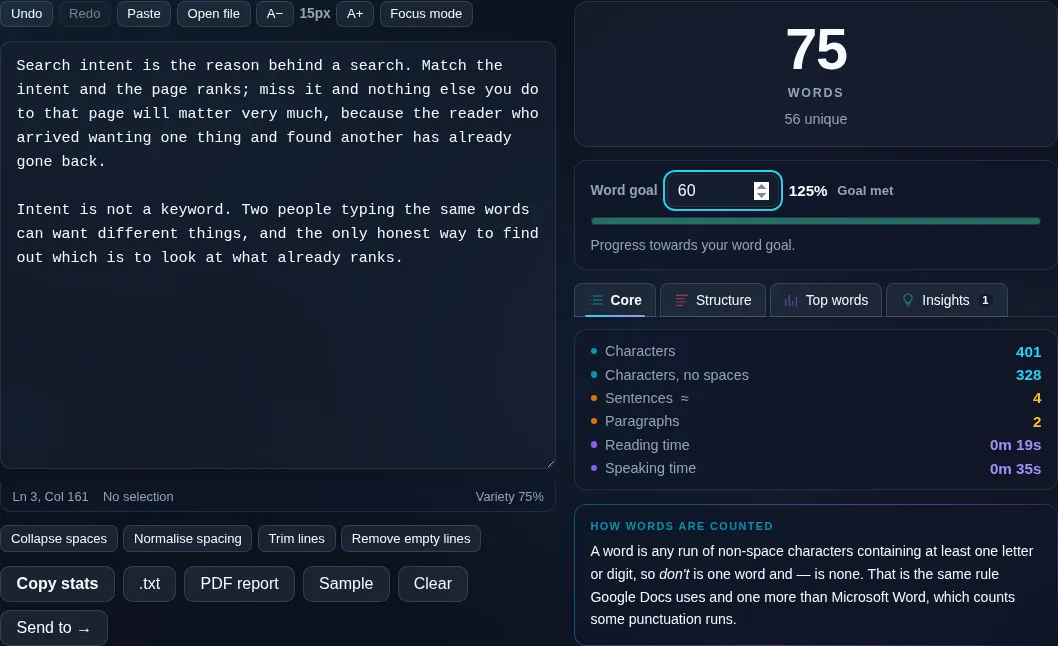 Word Counter showing live word and character counts in the browser.